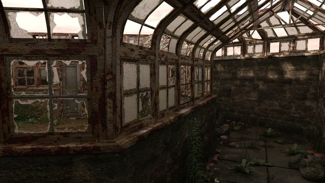 3d-illustration of an empty and scary abandoned greenhouse