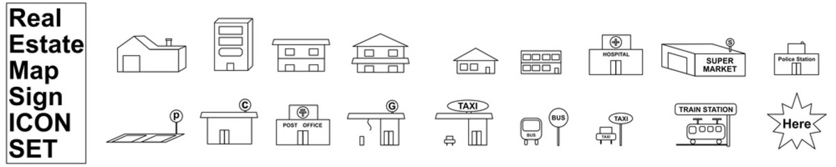 不動産マップ用アイコンセット　透過　PNG　賃貸物件　地図　店舗案内　建物　商店　タクシー　ガソリンスタンド　病院