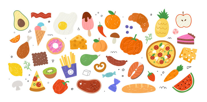 Delicious Food sticker set. Icons with vegetable, fruit, dessert and fast food. Apple and orange, pumpkin and carrot, ice cream and cake, pizza and French fries. Cartoon hand drawn vector collection