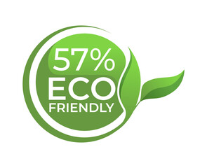 57% Eco friendly circle label sticker Vector illustration with green organic plant leaves. Eco friendly stamp icon.