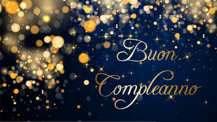 biglietto o striscione per augurare buon compleanno in oro su sfondo blu sfumato con cerchi, stelle e glitter color oro