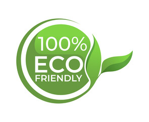 100% Eco friendly circle label sticker Vector illustration with green organic plant leaves. Eco friendly stamp icon.