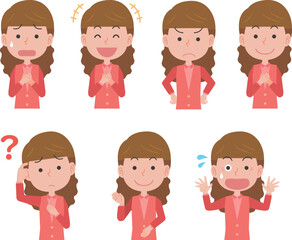 若い女性の表情ポーズイラストセット