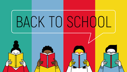 Banner for theme of back to school. Students read books. Vector minimalism background. Design template for a library, school, education theme. Students are reading.