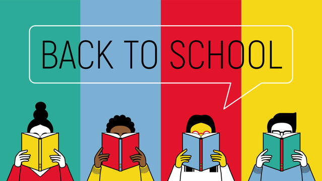 Banner for theme of back to school. Students read books. Vector minimalism background. Design template for a library, school, education theme. Students are reading.