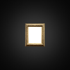 Antique art fair gallery frame on royal black wall at auction house or museum exhibition, blank...