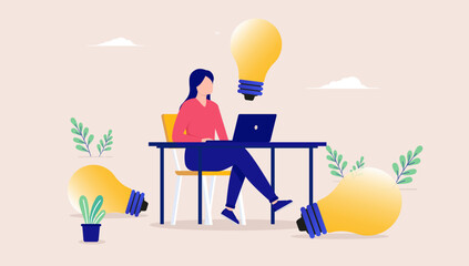 Entrepreneur woman idea - Female person working on great ideas alone sitting at desk with laptop computer with light bulb over her head. Flat design vector illustration