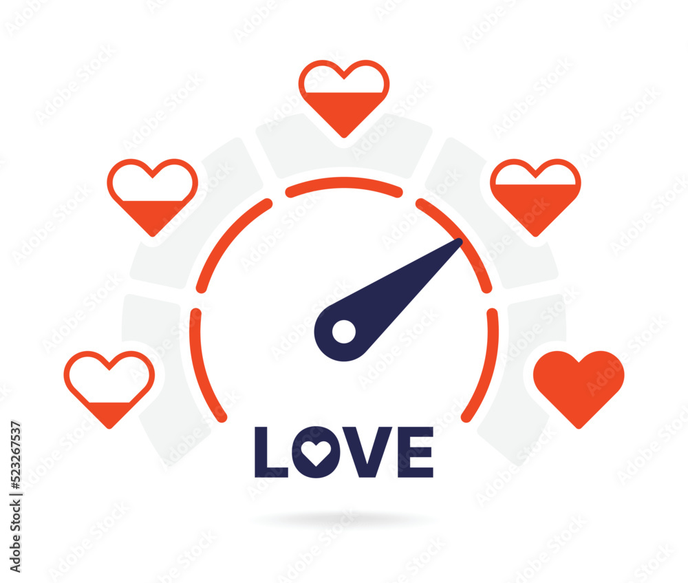 Poster love meter test vector illustration with gauge level measurement and heart icon symbol.