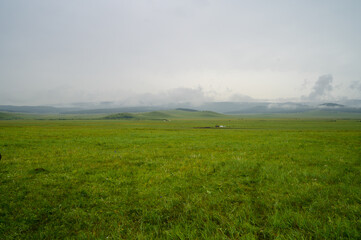 Beautiful mongolian landscape under cloudy rainy sky.