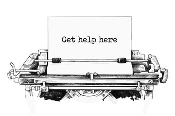 Get help here, support symbol. Concept words 'Get help here' typed on retro typewriter. Business, get help here, support concept.