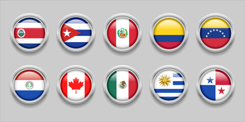 America Continent Flags Set Collection 3D round flag, badge flag, Costa Rica, Cuba, Mexico, Canada, Colombia, Panama, Paraguay, Peru, Uruguay, Venezuela - obrazy, fototapety, plakaty