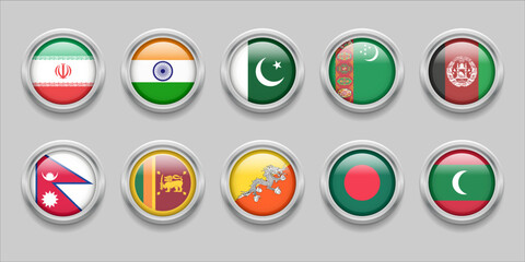 SOUTH ASIA Flags Set Collection 3D round flag, badge flag, Sri Lanka, Bangladesh, India, Afghanistan, Pakistan, Bhutan, Nepal, Iran and Maldives, Turkmenistan