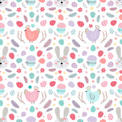 Easter pattern with bunny, cakes, eggs, willow