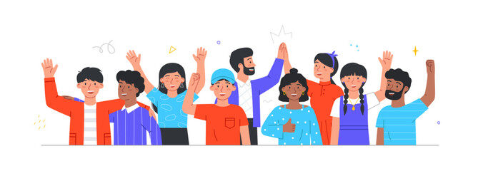 Friends gather and cheer concept. Young men and women provide support, celebrate and motivate together. Kind smiling characters raise their hands up. Cartoon flat vector illustration in doodle style