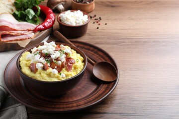 Delicious traditional banosh served on wooden table