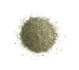 Pile of aromatic dry dill on white background, top view