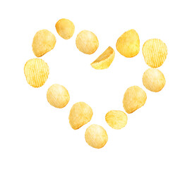 Heart made of tasty potato chips on white background