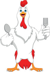 cute chicken holding spoon and fork cartoon