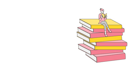 A young woman is reading. Next to her is a copy space [Vector illustration].