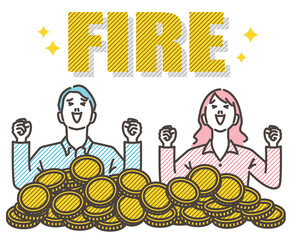 Vector illustration of a young man and woman's upper body, happy to be buried in money, concept for FIRE