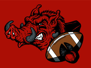 mean razorback mascot holding football for school, college or league