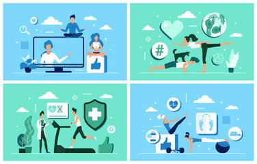 Sport workout and yoga at home set. Cartoon tiny active people training with virtual fitness trainer online, watching video lessons and physical program app flat vector illustration. Wellness concept