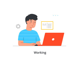 Office work, coworking or freelance concept. Young smiling male programmer works on laptop and develops app or website. Coding and digital product. Cartoon flat vector illustration in doodle style