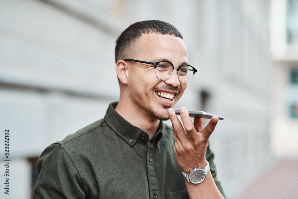 Poster young, professional and happy businessman using a phone outdoors. positive male smiling while speaki