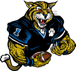 muscular bobcat or wildcat mascot player holding football for school, college or league