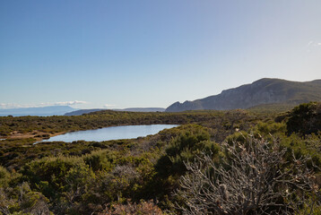 beautiful landscape from Tasman national park at the peninsula of Tasmania Australia of the lake on the way of Cape Raoul