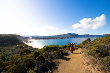 amazing view of Crescent Bay Beach from Mont Brown at Tasman national park in the peninsula /...