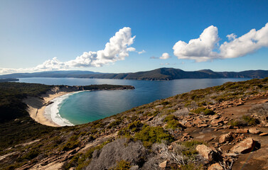 Fototapeta na wymiar amazing view of Crescent Bay Beach from Mont Brown at Tasman national park in the peninsula / Tasmania / Australia