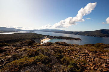 amazing view of Crescent Bay Beach from Mont Brown at Tasman national park in the peninsula / Tasmania / Australia