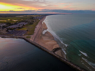 Aerial sunset on a beach in New England