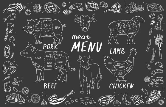 Butcher shop menu on blackboard. Retro banner with black chalkboard and painted beef, pork, chicken and lamb. Design for advertising and decoration of restaurant. Cartoon flat vector illustration