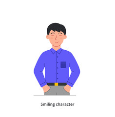 Smiling business character. Young male entrepreneur in stylish office uniform keeps hands in pockets. Portrait of successful employee, leader or boss. Cartoon flat vector illustration in doodle style