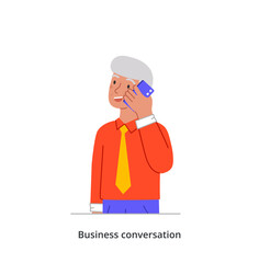 Smiling business character. Elderly male entrepreneur in stylish office clothes holds smartphone and communicates with partners. Boss or manager. Cartoon flat vector illustration in doodle style