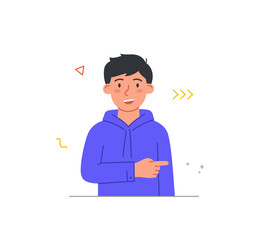 Person pointing their fingers. Young smiling male teenager points to something on side or right. Character attracts attention with gestures. Cartoon modern flat vector illustration in doodle style