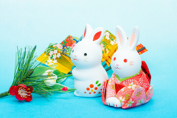 写真素材:令和5年・2023年の干支は卯（う・うさぎ）　卯年の年賀状素材（和風、和紙、千代紙、お正月小物等）