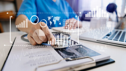 Project manager working and update tasks with Gantt chart scheduling diagram at hospital .success...