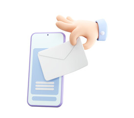 cartoon hand picking up an envelope from a smartphone