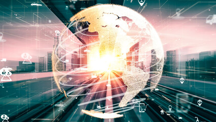 Smart transportation in tacit futuristic city with online traffic control system . Concept of smart digital transformation and technology disruption that changes global trends in new information era .