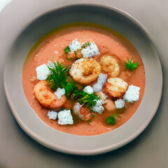 Hot Tomato soup with shrimp. Seafood creamy soup with goat cheese, olive powder, wild shrimps on bowl plate at wooden table, top view, close-up. Delicious vegetarian diet food - obrazy, fototapety, plakaty