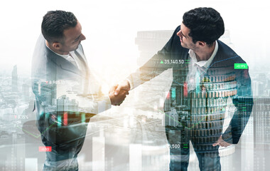 Business handshake on finance prosperity and money technology asset background . Economy and...