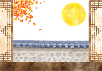 보름달이 떠있는 한국의 고유 명절 추석의 손그림 그래픽 이미지