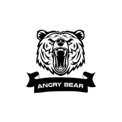 Angry bear emblem. Print design for t-shirt. Aggressive bear is a symbol of a sports team. Bear logo design vector illustration on black background