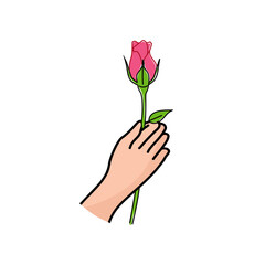 Hand holding pink rose vector illustration on white background. Happy Valentine’s Day. I love you.