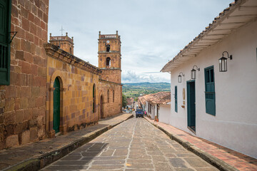 street view of barichara colonial town, colombia