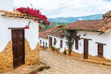 street view of barichara colonial town, colombia - obrazy, fototapety, plakaty