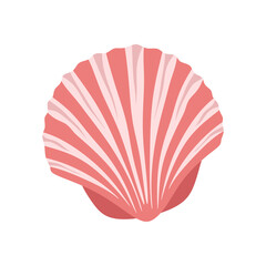 Sea shell, scallop. Marine undersea mollusc, clam of fan shape. Underwater mollusk. Ocean seashell. Exotic beach shellfish, clamshell. Flat vector illustration isolated on white background.